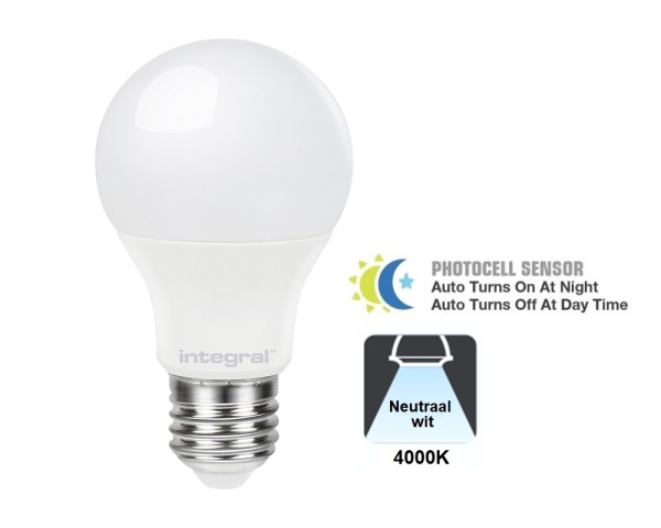 Integral LED - E27 LED lamp - 8 watt - 806 lumen - 4000K - Dag/nacht sensor - niet dimbaar FRONT